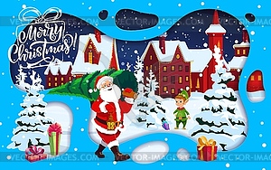 Christmas Paper Cut Cartoon Santa With Pine Tree Vector Image