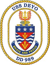 Vector clipart: U.S. Navy USS Deyo (DD 989), destroyer emblem (crest, decommissioned)