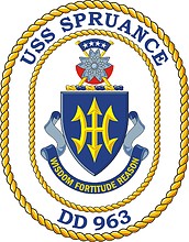 Vector clipart: U.S. Navy USS Spruance (DD 963), destroyer emblem (crest, decommissioned)