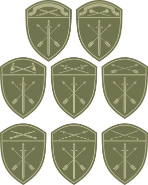 Векторный клипарт: Подразделения оперативного назначения и специальные моторизированные воинские части (СМВЧ) Росгвардии, нарукавные знаки по округам на полевую форму