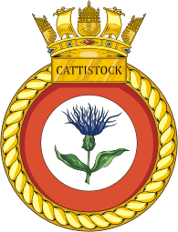 British Navy HMS Cattistock (M31), mine countermeasures vessel emblem (crest) - vector image