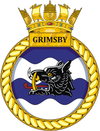 British Navy HMS Grimsby (M108), mine countermeasures vessel emblem (crest) - vector image