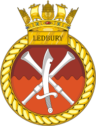 British Navy HMS Ledbury (M30), mine countermeasures vessel emblem (crest) - vector image