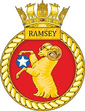 British Navy HMS Ramsey (M110), minehunter emblem (crest) - vector image