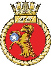 British Navy HMS Ramsey (M110), minehunter emblem (crest, #2) - vector image