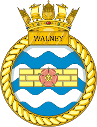 British Navy HMS Walney (M104), mine countermeasures vessel emblem (crest) - vector image