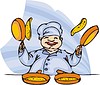 Векторный клипарт: повар подбрасывает блины на сковородках