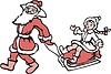 Vector clipart: Santa Claus and sledge with Snow Maiden and bag with gifts on 