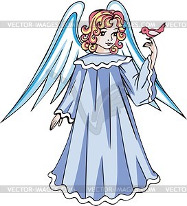 Angel girl and small bird - vector clipart