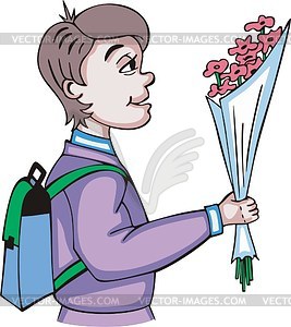 Schoolboy with bunch of flowers - vector clipart