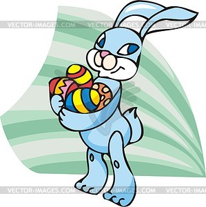 Easter rabbit holding coloured eggs - vector clipart