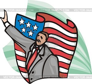 Политик на фоне флага США - векторный рисунок