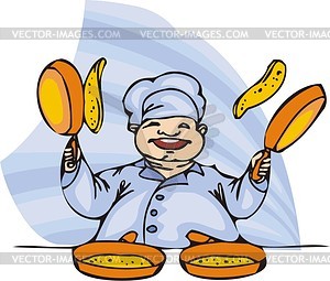 Chef tosses pancakes on griddles - vector clipart