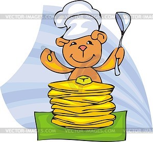 Bear-chef and a stack of pancakes - vector clipart