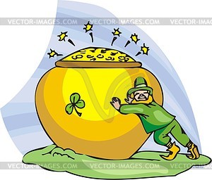 Leprechaun pushes on huge pot of gold - vector clipart