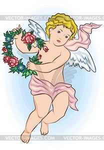 Angel with a wreath of flowers - vector clipart