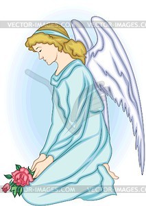 Angel sitting with flowers - vector clipart
