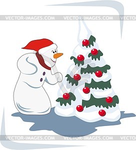 Снеговик и елка - векторный клипарт