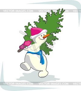 Snowman with Christmas tree - vector clipart