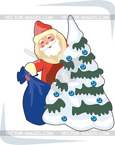 Santa Claus near Christmas tree - vector clipart