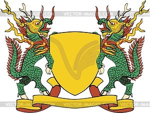 Щит с щитодержателями китайскими драконами - векторный клипарт