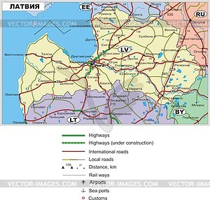 Latvia road map (in Russian) - vector clipart