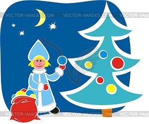 Snow Maiden decorates up a Christmas tree - vector clipart