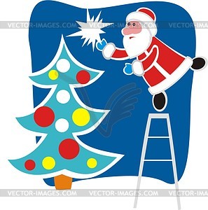 Дед Мороз наряжает новогоднюю елку - векторный клипарт