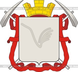 Heraldic shield with crown, ribbon and hammers - vector clipart