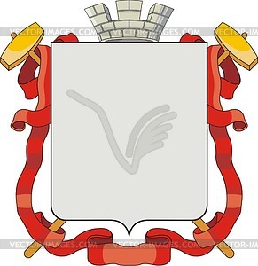 Heraldic shield with crown, ribbon and hammers - vector clipart