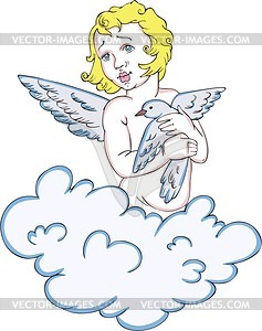 Angel on a cloud and holding a bird - vector clipart