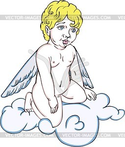 Angel sitting on a cloud - color vector clipart