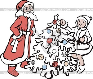 Santa Claus with girl near Christmas tree  - vector clipart