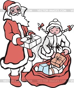 Santa Claus and Snow Maiden taking out Christmas gifts - vector clipart