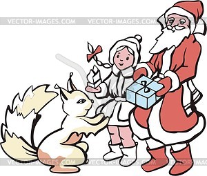 Santa Claus and Snow Maiden with gift for squirrel - vector clipart