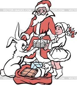 Дед Мороз и Снегоручка с подарком для зайца - векторный клипарт