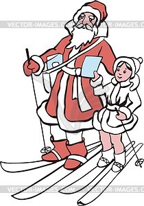 Santa Claus and Snow Maiden are skiing - vector clipart