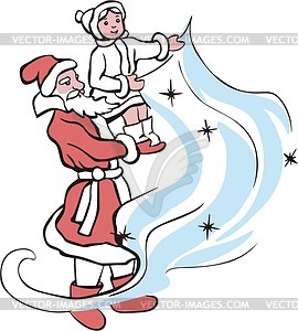 Santa Claus and Snow Maiden making snowstorm - vector clipart