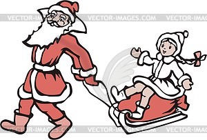 Santa Claus and sledge with Snow Maiden and bag with gifts on  - vector clipart