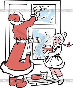 Santa Claus and a girl draw on a window - vector clipart