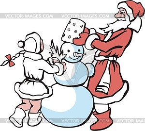 Santa Claus and Snow Maiden make a snowman - vector clipart