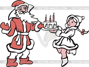 Santa Claus and Snow Maiden with birthday cake - vector clipart
