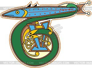 Celtic initial T with fish - vector clipart