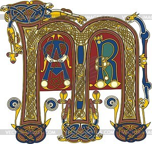 Celtic initial letter M and lesser initials AR - vector clipart