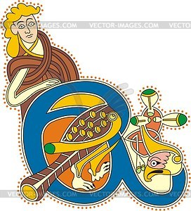 Celtic initial letter E with man and bird - vector clipart