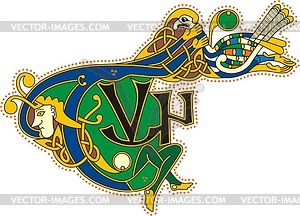 Celtic initial letters TVN with bird - vector clipart