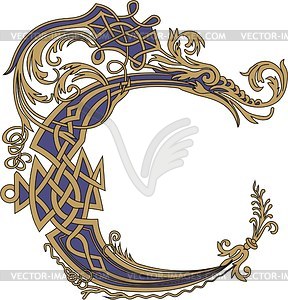 Gothic initial letter C with dragon - vector clipart