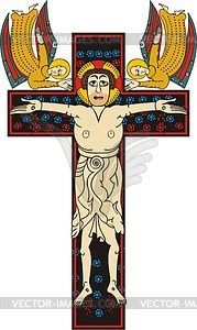Crucifixion attended by two angels - vector clipart