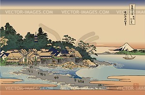 Hokusai. Enoshima in Sagami Province - vector clipart