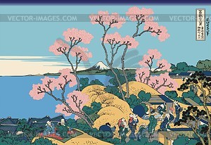 Hokusai. Goten-yama-hill, Shinagawa on the Tōkaidō - vector clipart